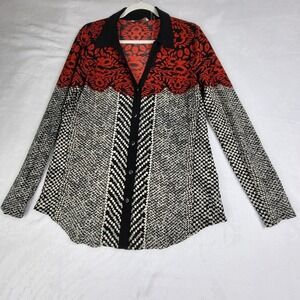 Soft Surroundings Shirt Womens M Pearl Snap Black White Red V Neck Flowy Western